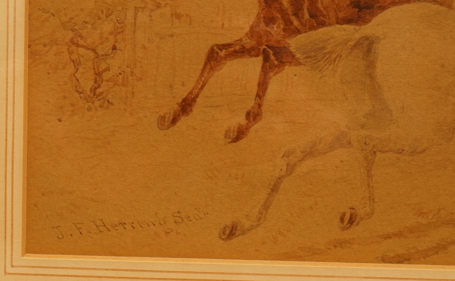 John Frederick Herring Sr (1795-1865), ‘There they go!’, signed, Horse racing interest watercolour, 17 x 26cm